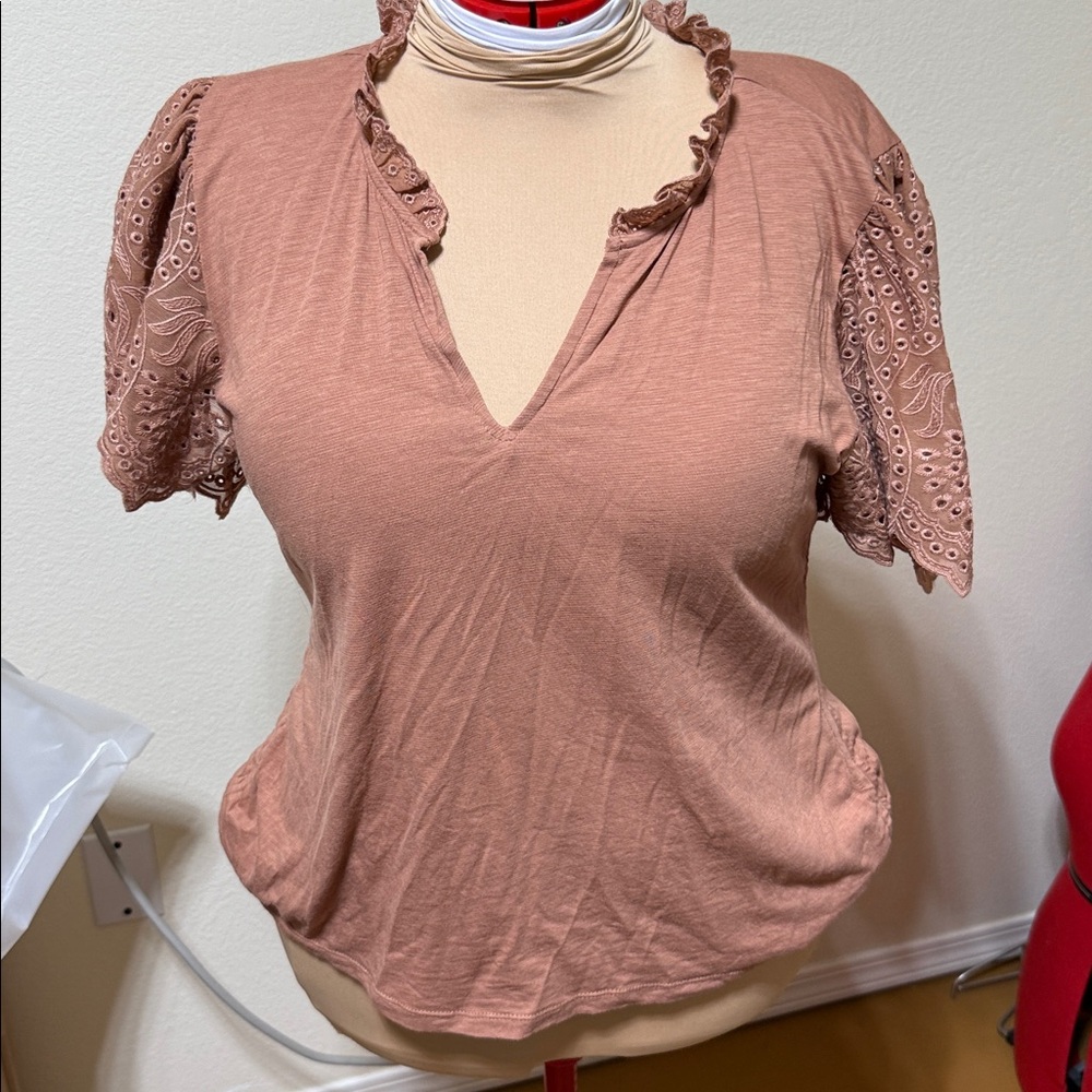 Democracy Lace-Trimmed Top in Warm Brown